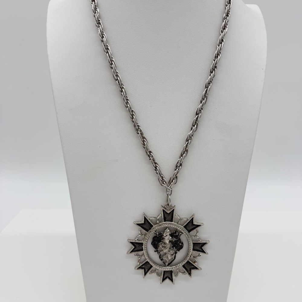 Vintage Whiting & Davis Silver Tone Chain Necklace Large Crest Pendant Bold